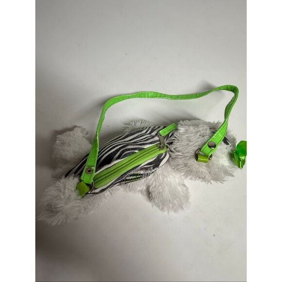 Girls Retro Hippie Dog Peace Sign White Fuzzy Dog Purse Zebra Stripe Retro Decor - Picture 3 of 8